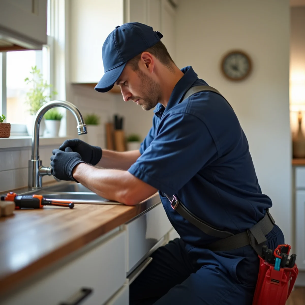 Plumber repairing a leak under a residential kitchen sink