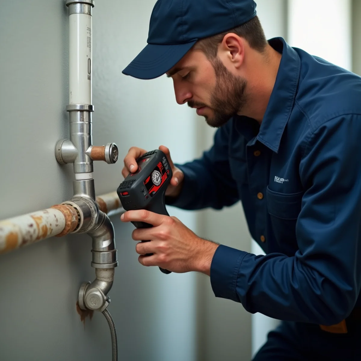 Close-up of leak detection work in progress