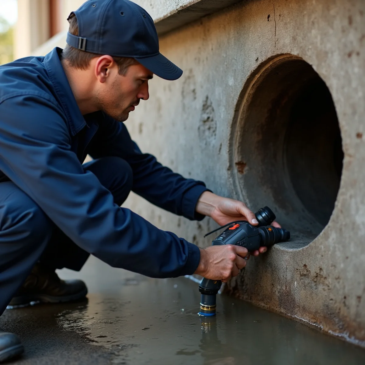 Close-up of sewer camera inspection work in progress