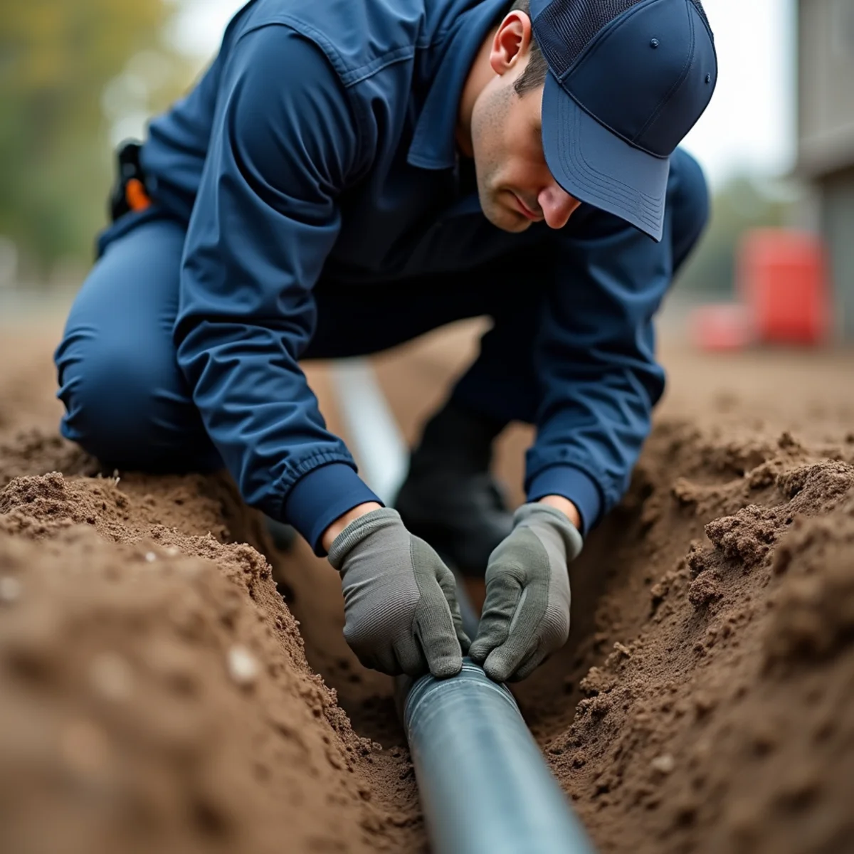 Close-up of sewer line replacement work in progress