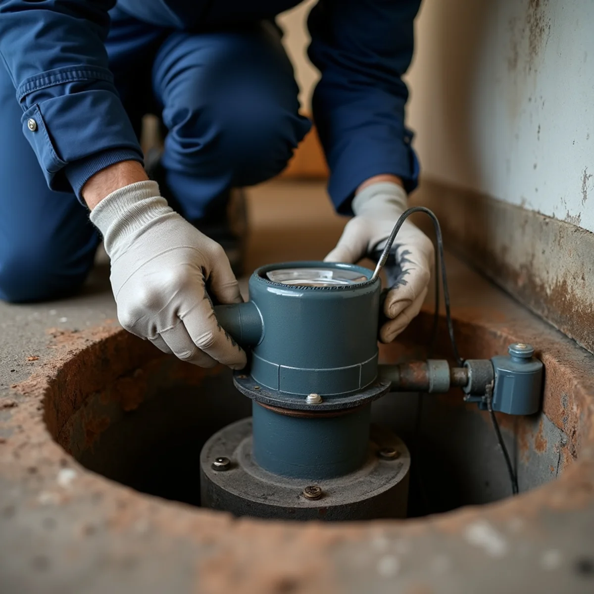 Close-up of sump pump services work in progress