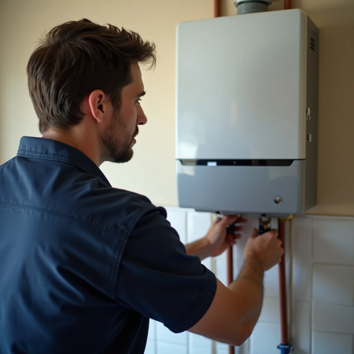 Close-up of tankless water heaters work in progress