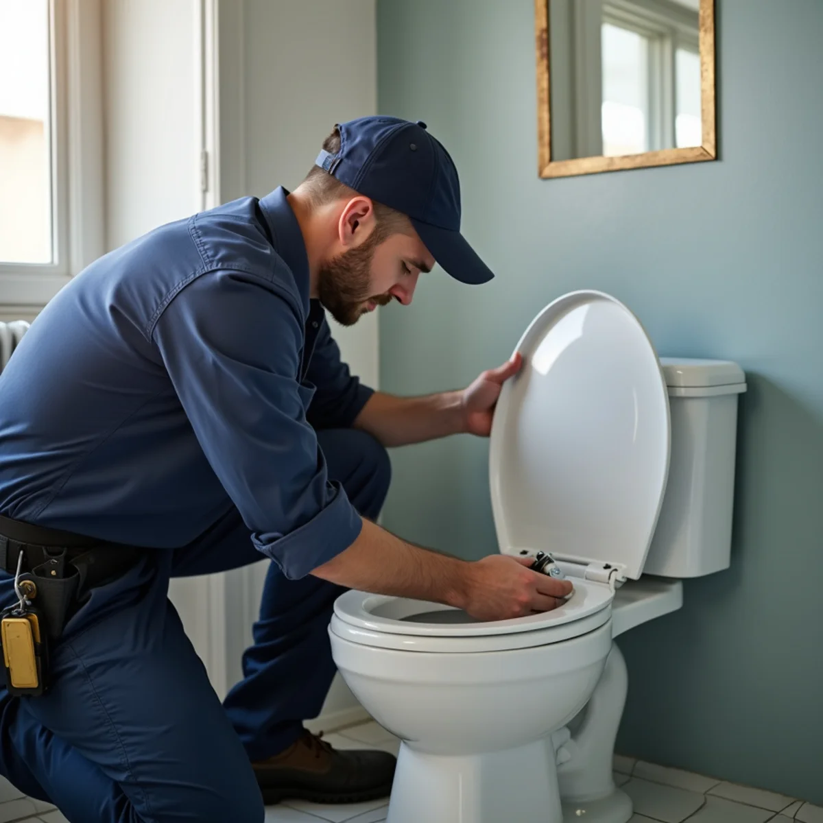 Close-up of toilet repair work in progress