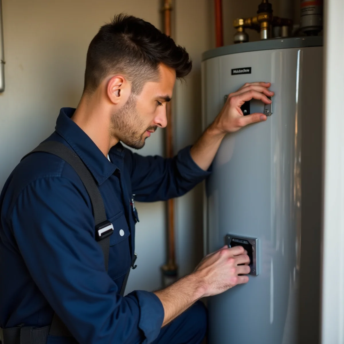 Close-up of water heater installation work in progress