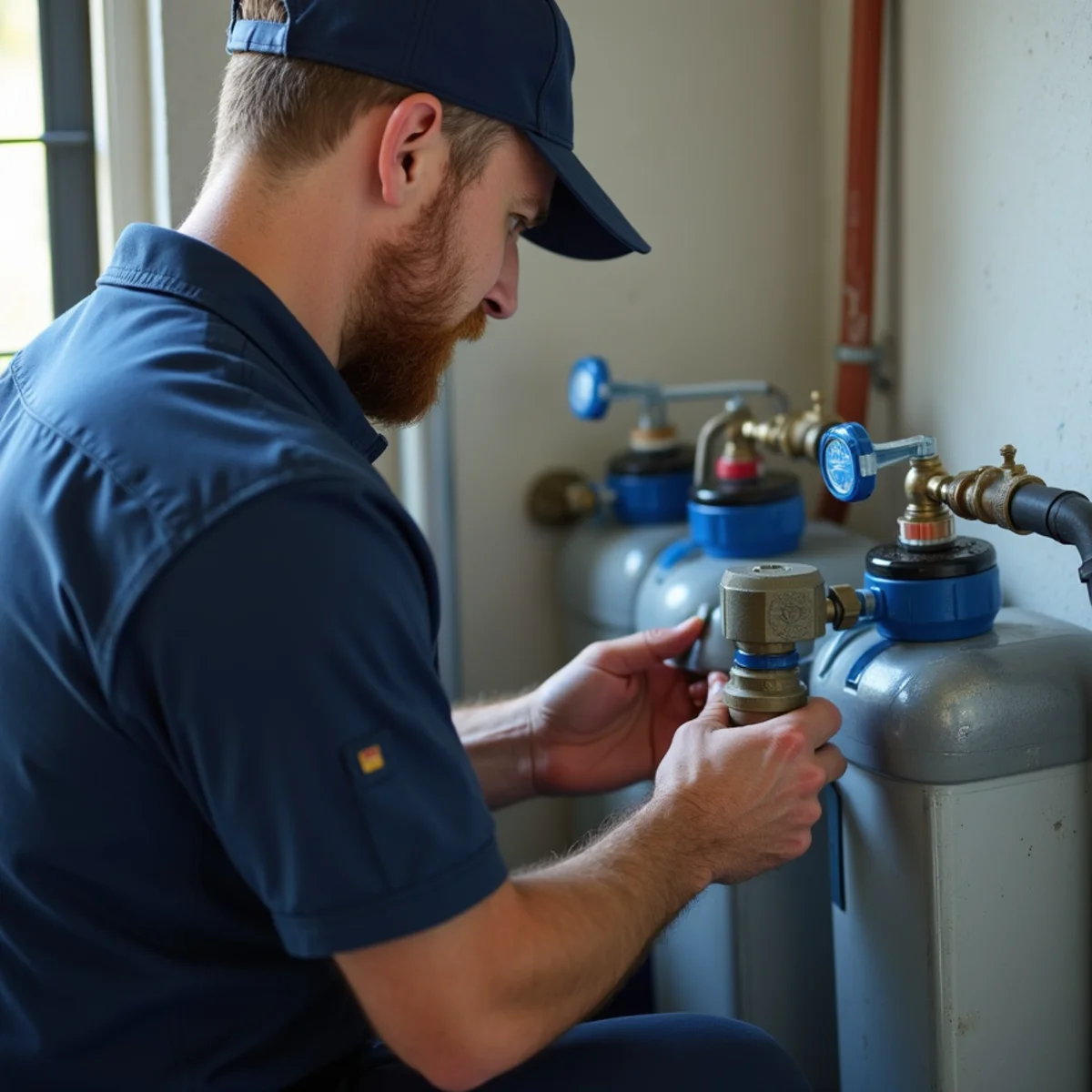 Close-up of water softener services work in progress
